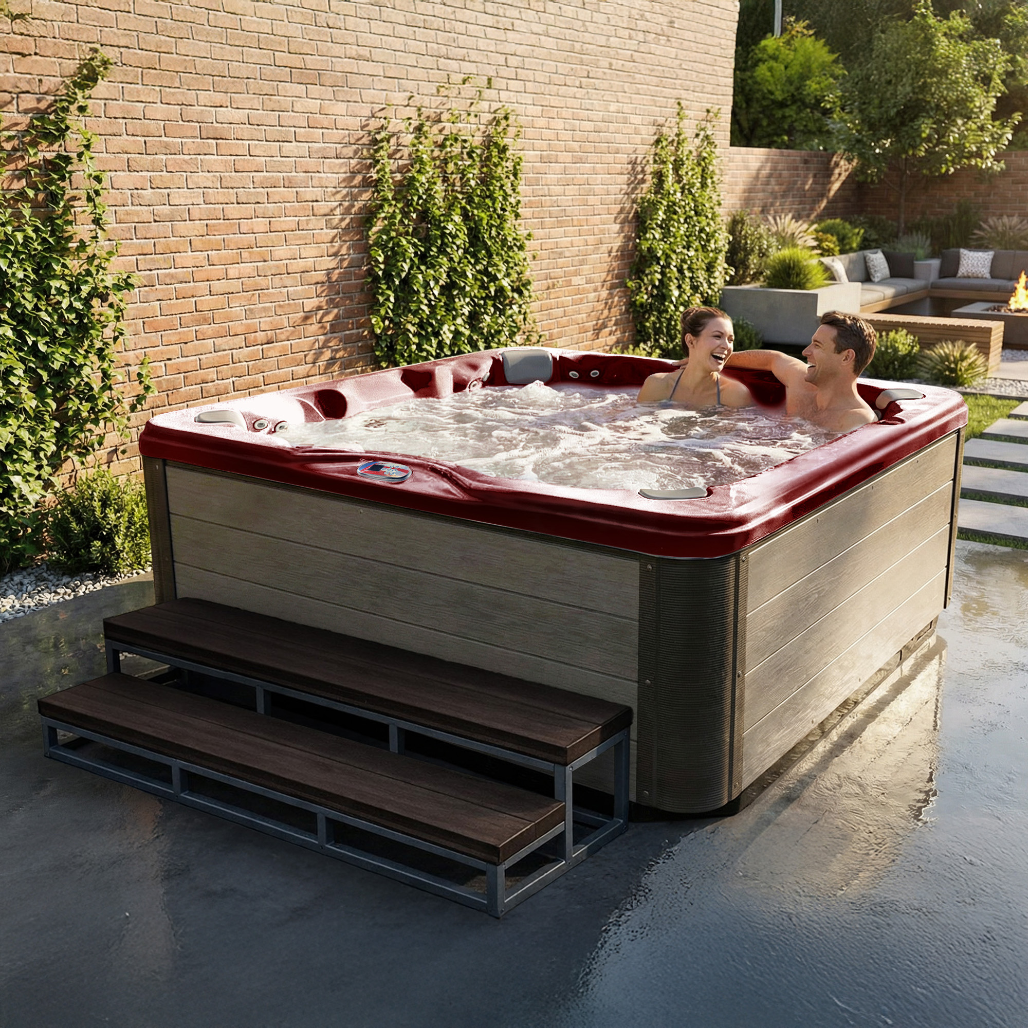 7-Person 56-Jet Premium Acrylic Bench Spa Standard Hot Tub with Bluetooth Sound System and LED Waterfall